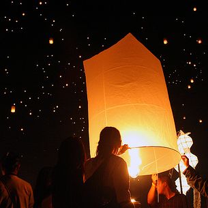 Lanterns in the sky in the festival of Loy Kratong